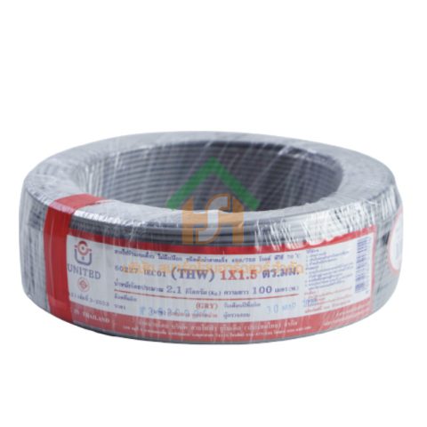 สายไฟ united สายไฟยูไนเต็ด รุ่น THW 1 x 1.5 450V / 700V ยาว 100 เมตร สีเทา (1ม้วน) หุ้มฉนวน PVC ของแท้100% SHOP004.UNI.THW.1.15.100.GREY